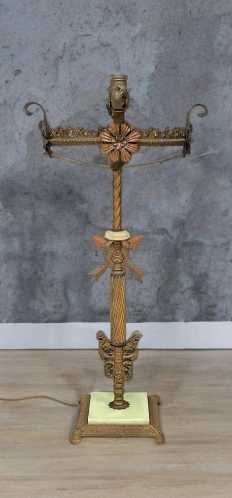 Antique Floral Brass and Vaseline Glass Lamp Fishbowl Stand (1 of 9)