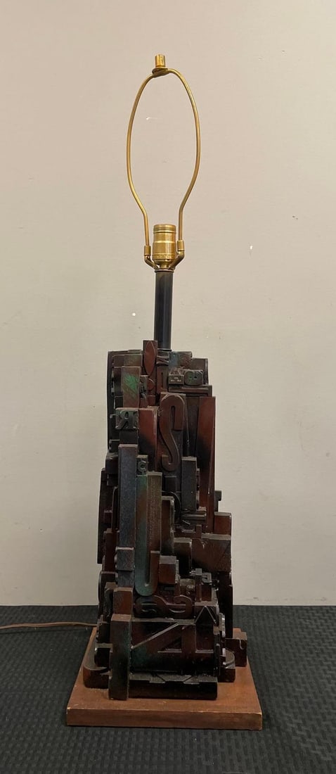 Arts and Crafts Chalk Letterpress Sculpture Table Lamp: Chipped at back corner, working condition. Measures 34 x 9 x 9 inches