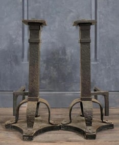 Antique Pair of Hand Forged Wrought Iron Andirons