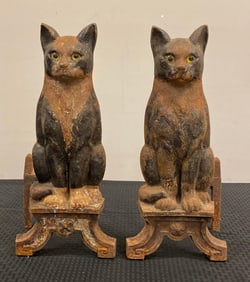 Antique Pair of Howes Cast Iron Glass Eye Cat Andirons