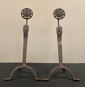 Antique Pair of Cast Iron Floral Medallion Andiron