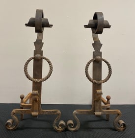 Antique Pair of Wrought Iron Andirons