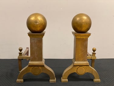 Antique Pair of Cast Iron and Brass Cannonball Andirons