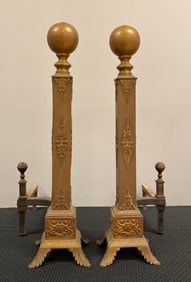 Antique Pair of Art Nouveau Cast Iron and Brass And Irons