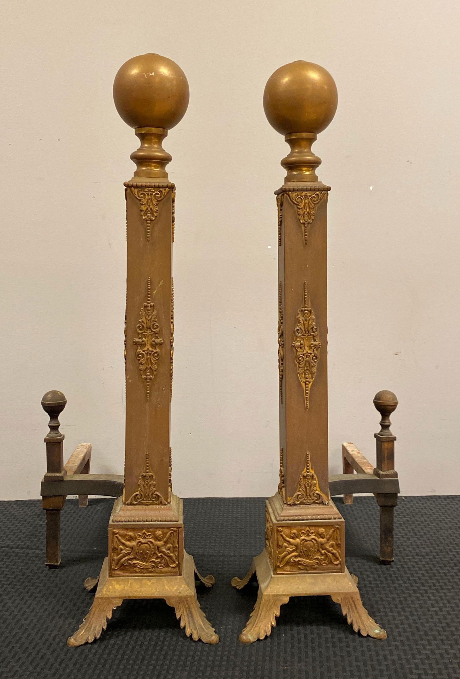 Antique Pair of Art Nouveau Cast Iron and Brass And Irons: NO IN-HOUSE SHIPPING AVAILABLE, THIRD PARTY SHIPPING RECOMMENDED, each measures 30 x 12 x 23 inches