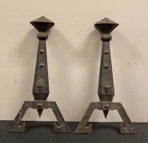 Antique Pair of B and H  Cast Iron Arts and Crafts Andirons