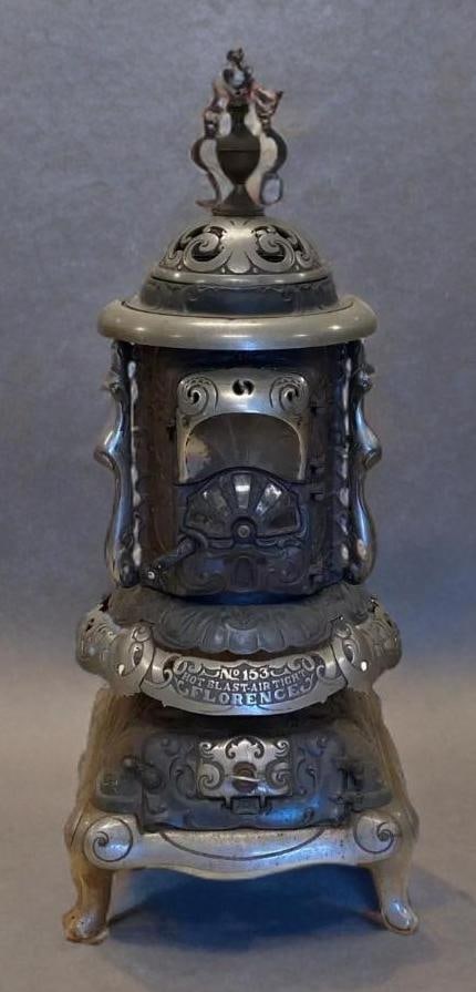 Antique Florence No. 153 Hot Blast-Air Tight Cast Iron Stove: NO IN-HOUSE SHIPPING AVAILABLE, THIRD PARTY SHIPPING RECOMMENDED, cemrich Columbus, front handle not attached, seems mostly complete, measures 66 x 30 x 30 inches