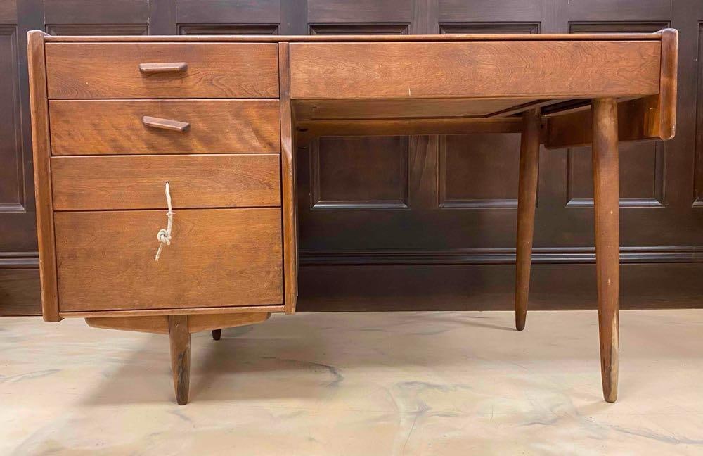 Conant Ball Russel Wright MCM Wood Desk: NO IN-HOUSE SHIPPING AVAILABLE, THIRD PARTY SHIPPING RECOMMENDED, mid century modern, marked on interior of top drawer, right legs insert threading stripped, splitting boards and scuffs shown througho
