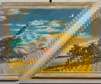 Horse-Drawn Hayrack Oil Painting on Board