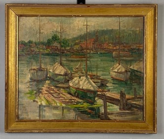C. Raymond Ships in Harbor Oil Painting on Board