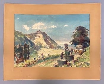 Artist Signed Hard at Work Watercolor Painting on Paper