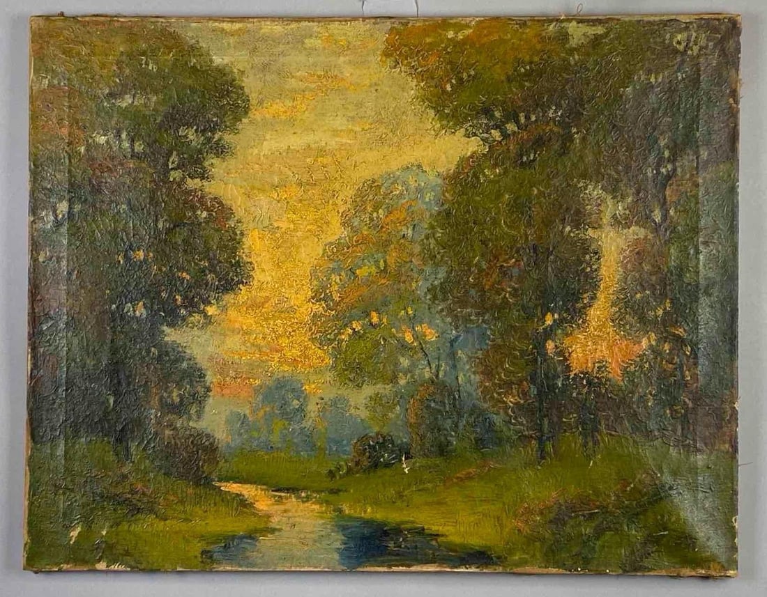 Sunset over a Woodland River Oil Painting on Canvas: Unsigned, Two small holes in canvas, Canvas measures 22 x 28 inches.