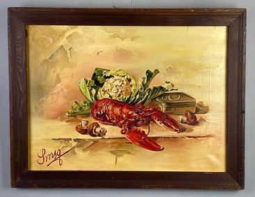 Artist Signed Lobster Dinner Still Life Oil Painting on Canvas