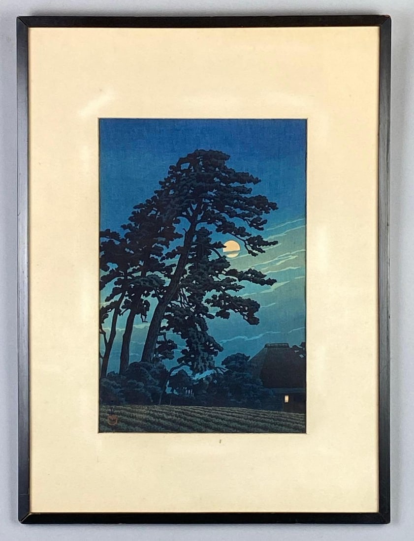 Kawase Hasui Moon in Umagome Woodblock Print: Frame measures 22 3/4 x 16 3/4 inches, Woodblock measures 14 1/2 x 9 1/2 inches.