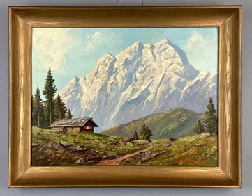 R. Hazzar Cabin in the Mountains Oil Painting on Board
