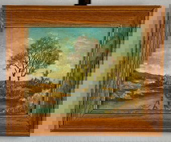 1909 C.W. Riverbend Landscape Oil Painting on Board