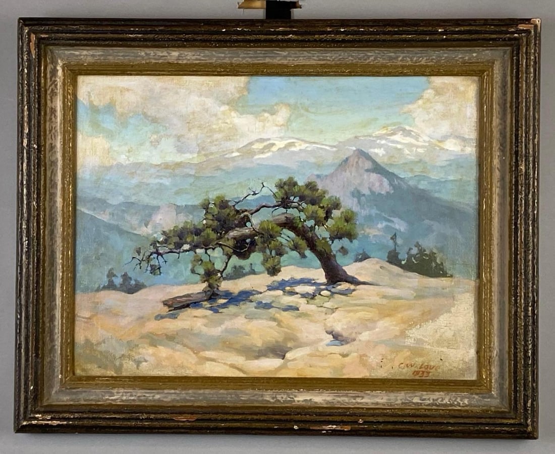 1933 C.W. Love Lone Tree Mountain Oil Painting on Board (1 of 4)