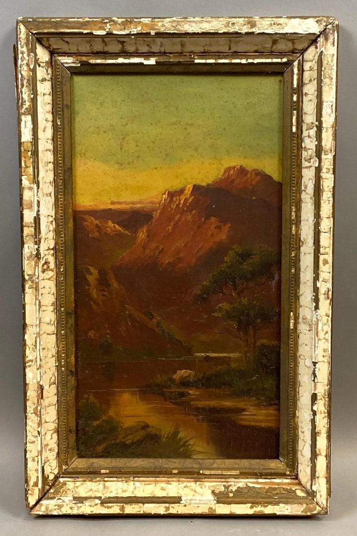 Scenic Sunset Landscape Oil Painting on Board: Unsigned, Frame measures 21 3/4 x 14 inches, Board measures 18 x 10 inches.