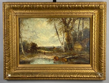 J. May Riverbank Landscape Oil Painting on Canvas