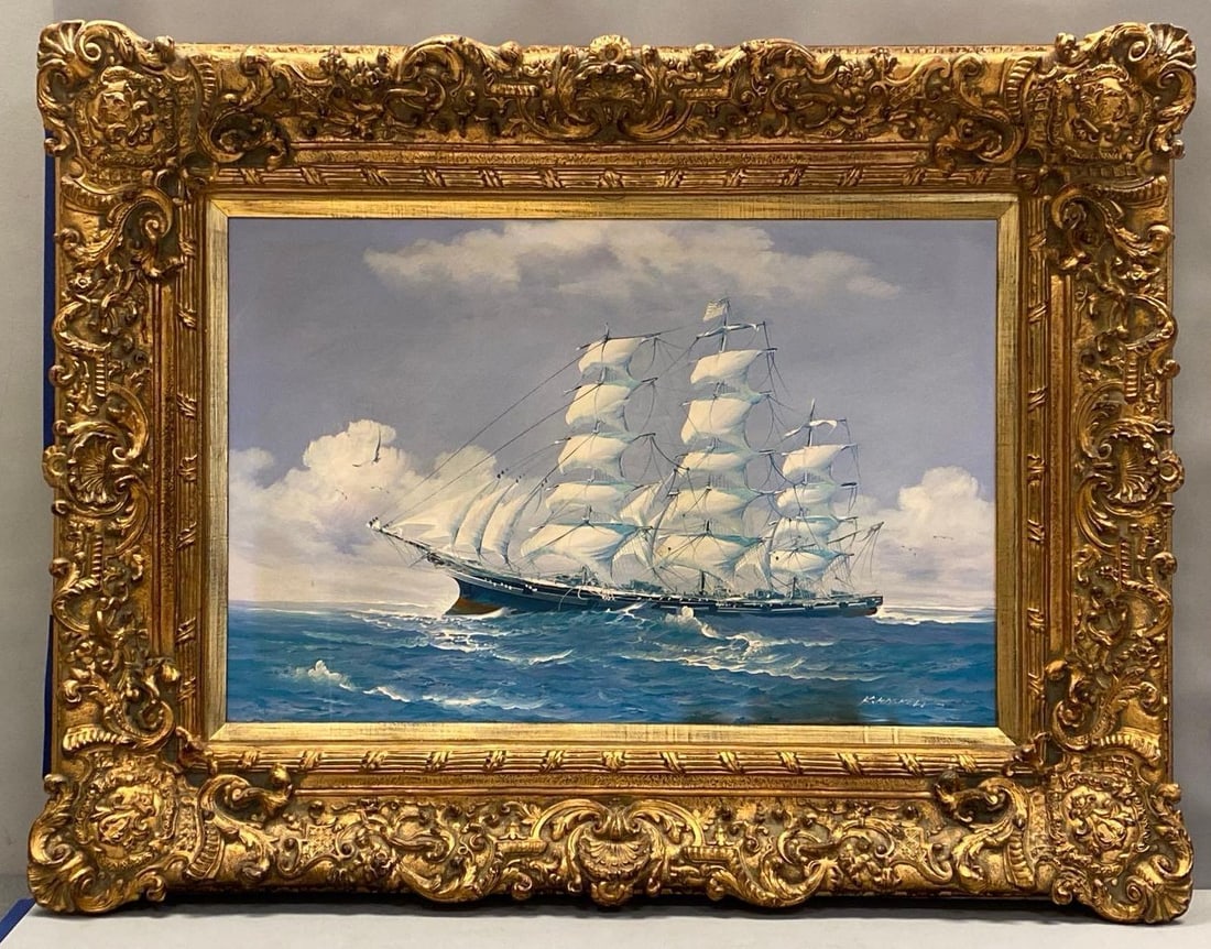 K. Haskell Three Masted Frigate Sailing Ship Oil Painting on Canvas: NO SHIPPING AVAILABLE. THIRD PARTY SHIPPING RECOMMENDED. Artists signature on bottom right corner, Some small marks, Small stain near center of sails, Frame measures 39 x 51 inches, Canvas measures 24