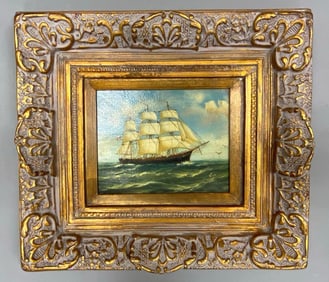 Artist Signed Three Master Frigate Ship Oil Painting on Canvas