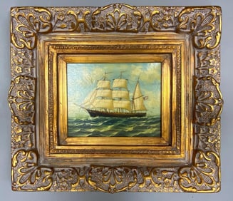 Artist Signed Three Masted Ship Oil Painting on Canvas