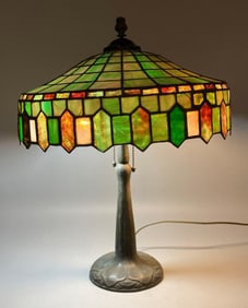 Antique Handel Table Lamp Base with Mosaic Leaded Stained Glass Shade