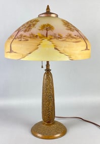 Arts and Crafts Reverse Painted Glass Autumn Landscape Shade Table Lamp