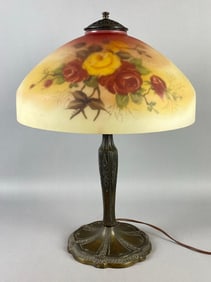 Arts and Crafts Reverse Painted Glass Roses Shade Table Lamp