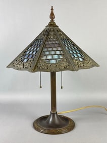 Antique Bradley and Hubbard Overlay Purple and Blue Slag Glass 8-Panel Table Lamp