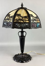 Antique Carmel and Blue/Purple Slag Glass Shade Table Lamp with Miller Desert Palm Tree Design