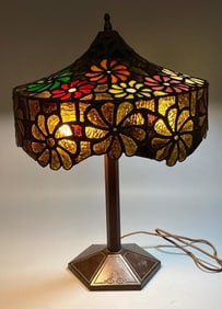 Antique Bradley and Hubbard Base with Colorful Floral Mosaic Stained Glass Table Lamp