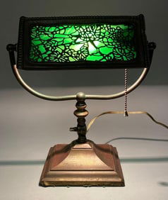 Antique Heavy Cast Metal Bankers Style Lamp with Green Slag Glass Shade