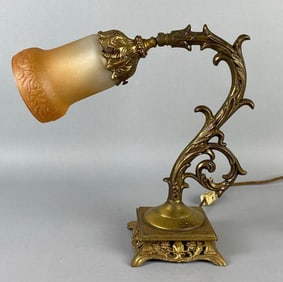 Art Nouveau Brass Desk Lamp with Ribbed Rose Glass Shade