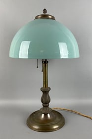 Antique Brass Lamp with Sage Green Glass Shade