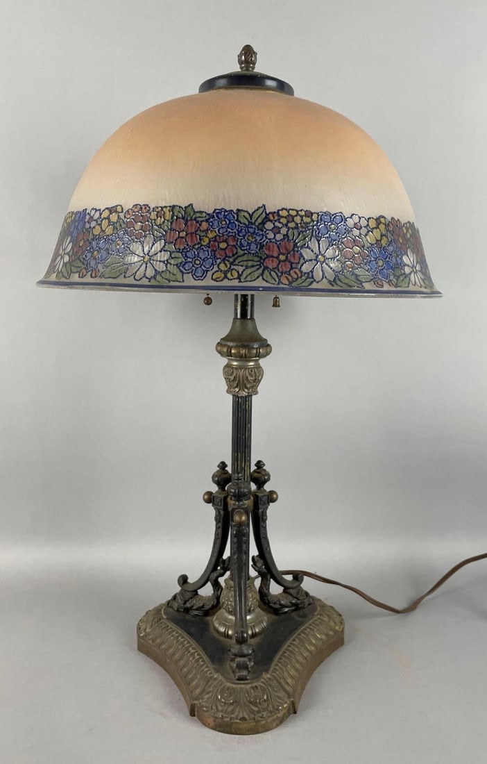 Antique Pittsburg Ornate Table Lamp with Floral Glass Shade (1 of 5)