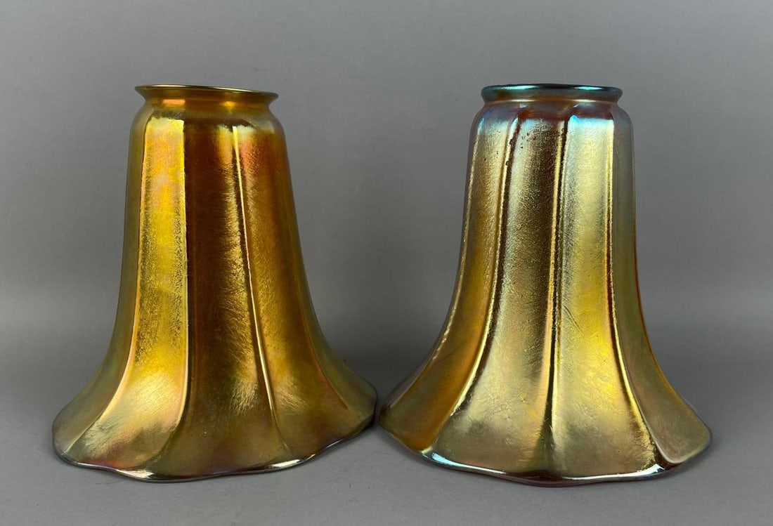 Antique Pair of Steuben Gold Aurene Glass Lamp Shades: Flea bites on one fitter, each measure 5 1/2 x 5 1/2 inches, 2 1/4 inch fitter