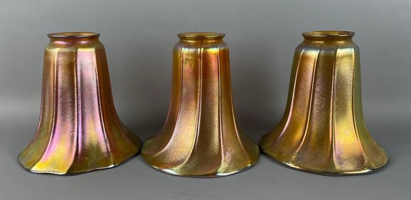 Group of 3 Antique Steuben Gold Aurene Glass Lamp Shades