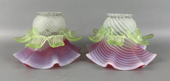 Group of 2 Antique Vaseline and Cranberry Opalescent Swirl Glass Tulip Shades