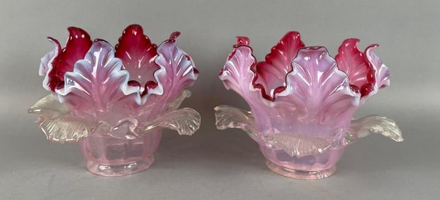 Antique Pair of Cranberry Opalescent Floral Glass Lamp Shades