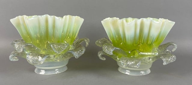 Antique Pair of Opalescent Vaseline Glass Lamp Shades