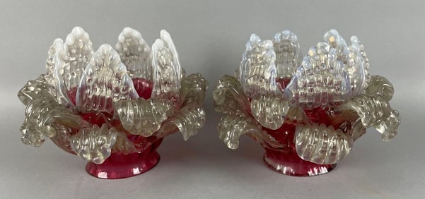 Antique Pair of Cranberry Opalescent Glass Lamp Shades