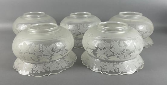 Group of 5 Antique Etched Glass Oak Leaf Motif Crown Lamp Shades