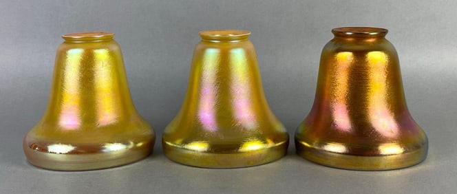 Group of 3 Antique Gold Favrile Bell Glass Lamp Shades