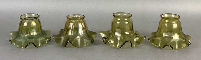 Group of 4 Antique Olive Ruffled Applied Spiral Glass Lamp Shades