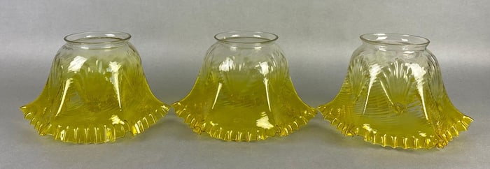 Set of 3 Antique Yellow Spiral Ruffled Ribbon Glass Lamp Shades