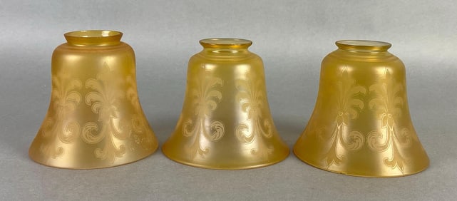 Group of 3 Antique Peach Frosted Etched Glass Lamp Shades