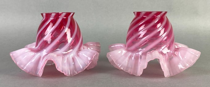 Group of 2 Antique Cranberry Pink Opalescent Swirl Glass Lamp Shades