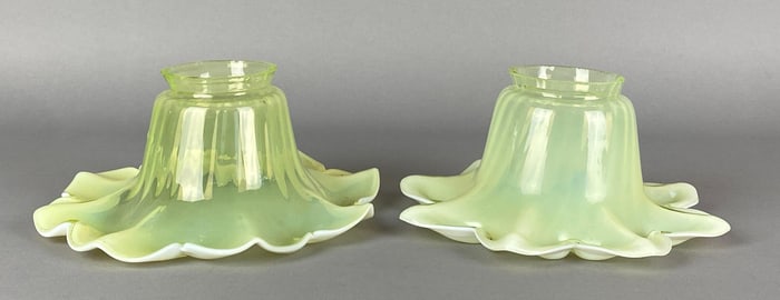 Group of 2 Antique Vaseline Floral Glass Lamp Shades