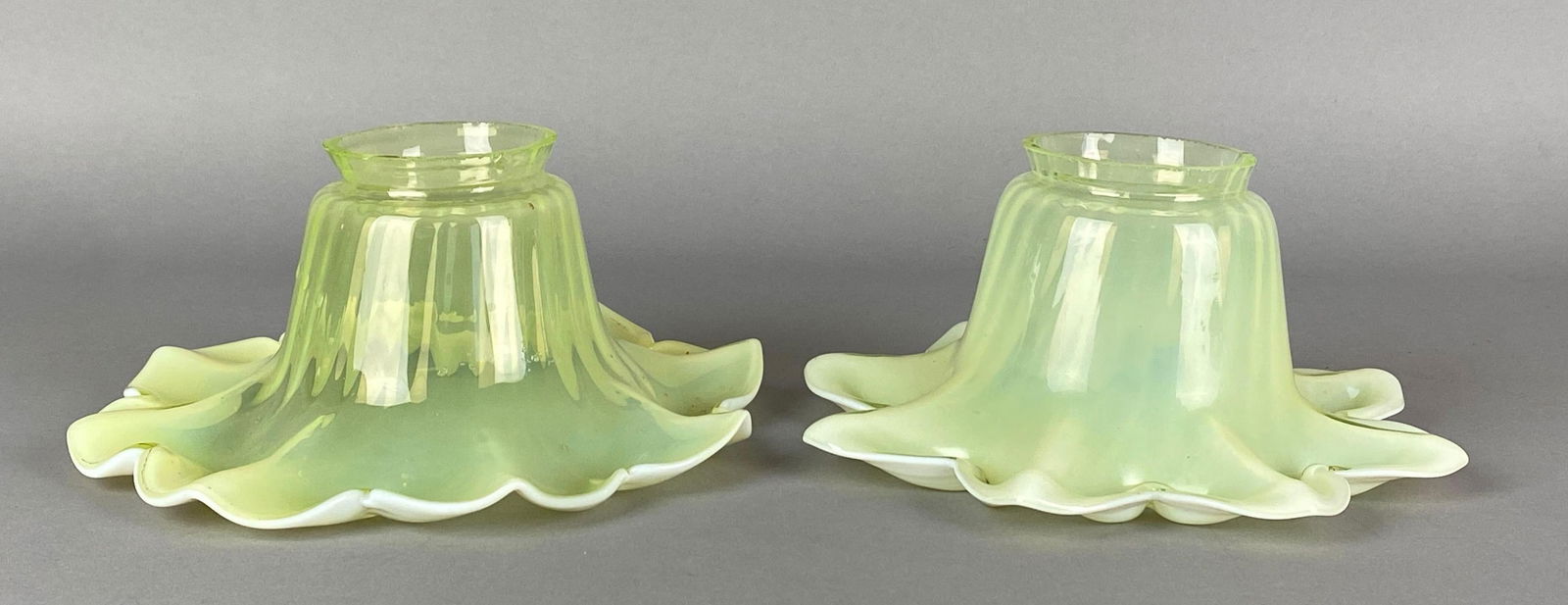 Group of 2 Antique Vaseline Floral Glass Lamp Shades (1 of 4)